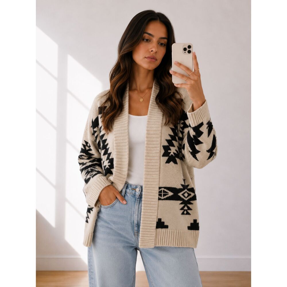 Iris Cardigan Sweater Women’s M Cream Black Aztec Open Front Boho
